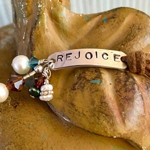 Hand Crafted "REJOICE" Pearl and Crystal Bracelet